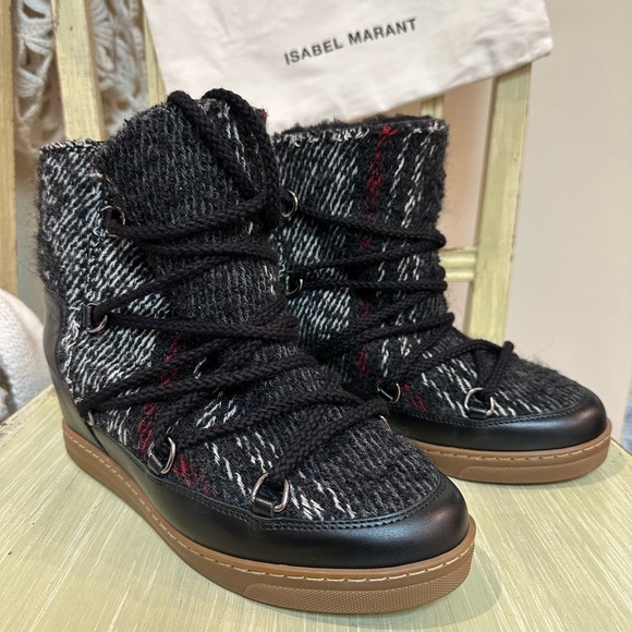 ISABEL MARANT KNOWLES FLANNEL LEATHER SHEARLING HIKING SNOW BOOTS NWOT SNEAKERS - Picture 1 of 7
